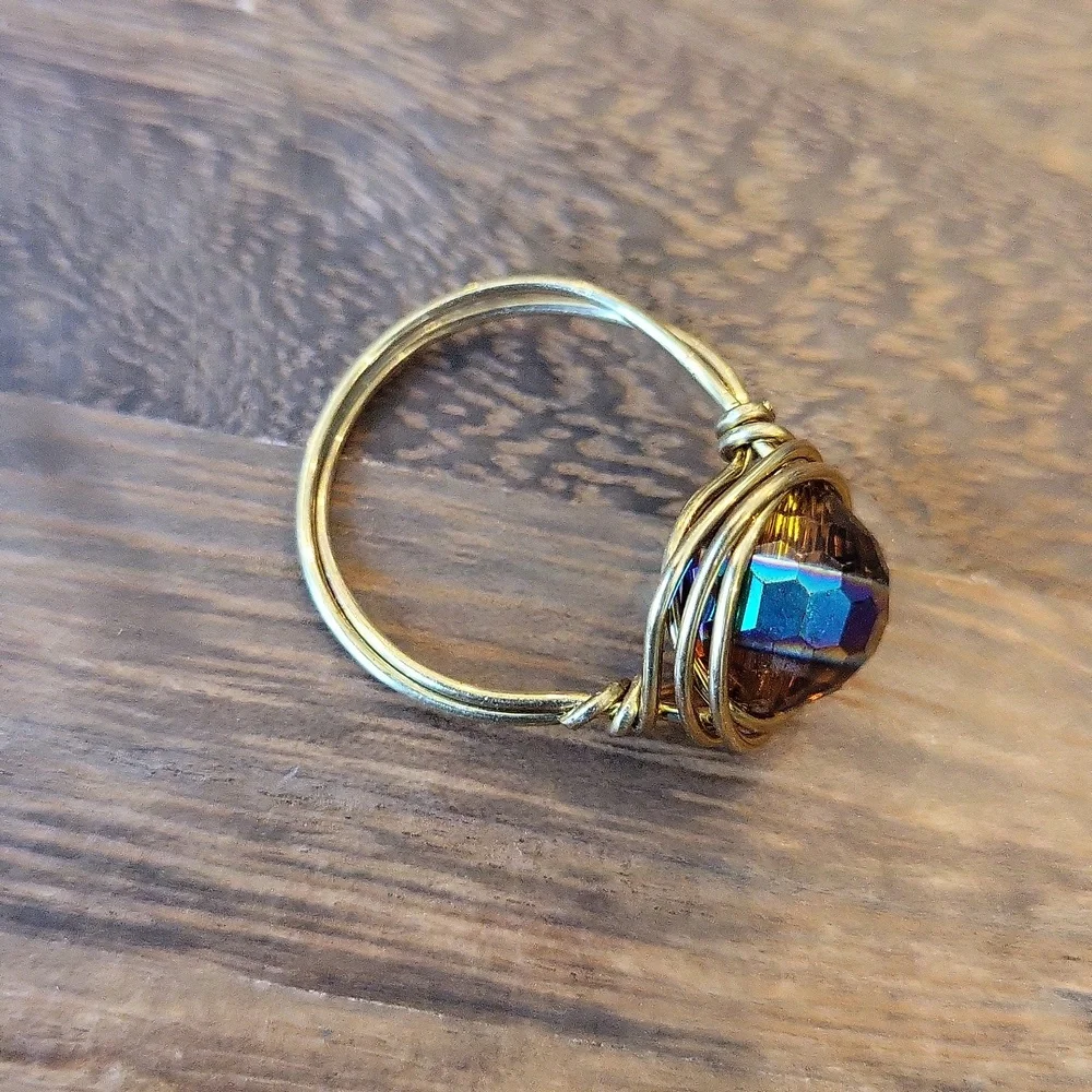 Gold Tone Iridescent Bead Wire Wrapped Ring, Size 7